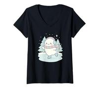 Mujer Spooky Kawaii Ghost Patinaje sobre Hielo con árboles de Invierno Navidad Camiseta Cuello V