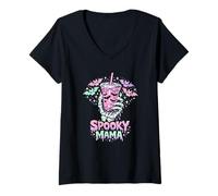 Mujer Spooky Mama Pastel Goth Skeleton Hand Café Mama para Halloween Camiseta Cuello V