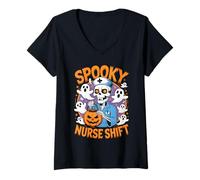 Mujer Spooky Nurse Shift Nurses Skeletons Ghosts Halloween Camiseta Cuello V