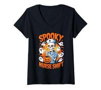 Mujer Spooky Nurse Shift Nurses Skeletons Ghosts Halloween Camiseta Cuello V