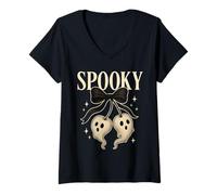 Mujer Spooky Season Coquette Cerezas Ghost Bow Cherry Halloween Camiseta Cuello V