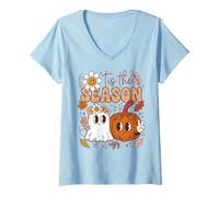 Mujer Spooky Season Halloween Ghost Pumpkin Peace Sign Camiseta Cuello V