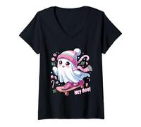 Mujer Spooky Season-Hey Boo! Christmas Lights Skateboard Ghost Kid Camiseta Cuello V