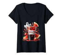 Mujer Spooky Summer Bebidas Summerween Vibes Divertido Verano Camiseta Cuello V