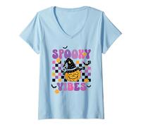 Mujer Spooky Vibes Halloween Calabaza Bruja Retro Groovy Camiseta Cuello V