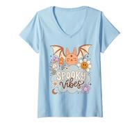 Mujer Spooky Vibes Halloween Cute Retro Bat Camiseta Cuello V