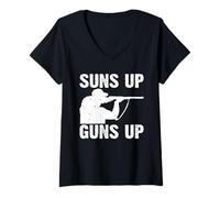 Mujer Sportsman Suns Up Guns Up Cazador de Humor de Caza Camiseta Cuello V