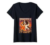 Mujer Springerzilla Inglés Springer Spaniel Perro Dogzilla Monstruo Camiseta Cuello V