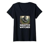 Mujer Squatch Watcher Bigfoot Forest Cryptid Hunter Design Camiseta Cuello V