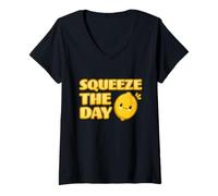 Mujer Squeeze The Day Cute Adorable Kawaii Lemon Food Juego de Palabras Camiseta Cuello V