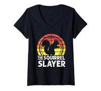 Mujer Squirrel Slayer Hunter Control de plagas de roedores Puesta de Sol Envejecida Camiseta Cuello V