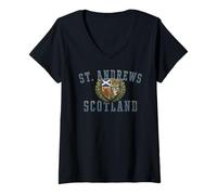 Mujer St. Andrews Scotland Crest Envejecido Camiseta Cuello V
