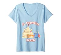 Mujer St Augustine Florida Beach Whimsy Sand Castle Cangrejo Náutico Camiseta Cuello V
