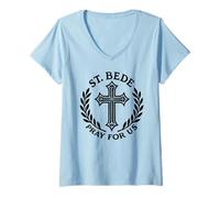 Mujer St. Bede ruega por Nosotros Confirmación de la Santa Católica Camiseta Cuello V