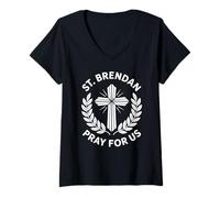 Mujer St. Brendan Pray For Us Regalos de Confirmación Católica Camiseta Cuello V