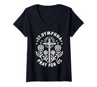 Mujer St Dymphna Pray For Us - Cruz católica Floral Camiseta Cuello V