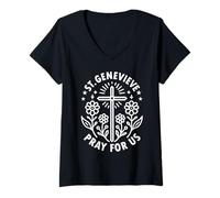 Mujer St Genevieve Pray For Us Patrón de París Floral Camiseta Cuello V