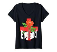 Mujer St George Cross con Tudor Rose y Inglaterra Texto Camiseta Cuello V