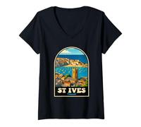 Mujer St Ives Cornwall Vintage Harbour Art Diseño de Viaje costero Camiseta Cuello V