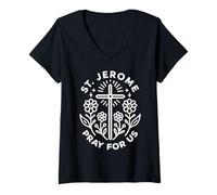 Mujer St. Jerome Pray For Us Cruz Floral Católica Camiseta Cuello V