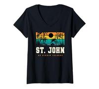 Mujer St. John USVI Retro Atardecer Caribbean Palm Beach Camiseta Cuello V