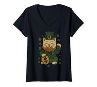 Mujer St Patrick's Day Cat Statue Lucky Clover Charm Adult Kids Camiseta Cuello V