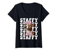 Mujer Staffy Staffordshire Bull Terrier Dog Girl Coquette Bow Rosa Camiseta Cuello V