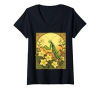 Mujer Stagmomantis Y Flores De Jazmín Amarillo Camiseta Cuello V