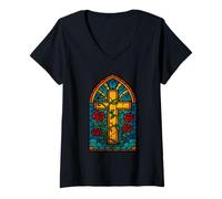 Mujer Stained Glass Cross with Red Roses Camiseta Cuello V