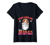 Mujer Start Each Day with A Beagle Dog Kiss Smile Funny Puppy Camiseta Cuello V