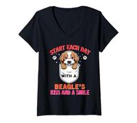 Mujer Start Each Day with A Beagle Dog Kiss Smile Funny Puppy Camiseta Cuello V