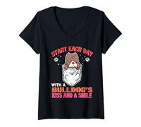 Mujer Start Each Day with A Bulldog Dog Kiss Smile Funny Puppy Camiseta Cuello V