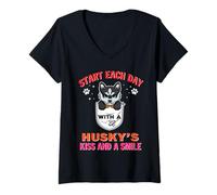 Mujer Start Each Day with A Siberian Husky Dog Kiss Smile Puppy Camiseta Cuello V