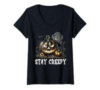 Mujer Stay Creepy Halloween Jack O Lantern Pumpkin For Goth Mom Camiseta Cuello V