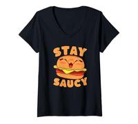 Mujer Stay Saucy Cute Cheeseburger Goodie Humor Camiseta Cuello V