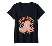 Mujer Stay Soft Octopus Kawaii Pastel Sea Animal Corazones Estrellas Camiseta Cuello V