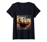 Mujer Steampunk Barco Pirata En Las Nubes Pintura Digital Camiseta Cuello V