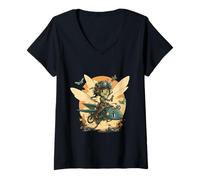 Mujer Steampunk Battle Fairy Riding a Dragonfly Camiseta Cuello V