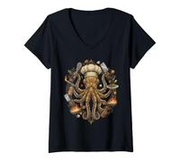 Mujer Steampunk Octopus Chef Cook Mechanical Cuisine Camiseta Cuello V