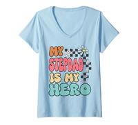 Mujer Stepdad Hero Cute Retro Floral Fathers Day Appreciation Camiseta Cuello V
