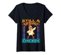 Mujer Still A Spring Chicken Funny Rooster Bounce Retro Farmer Camiseta Cuello V