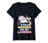 Mujer Still Working On My Landing diseño Unicornio Camiseta Cuello V