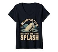 Mujer Stop Dropping Trash Into The Splash Ocean Pollution - Camiseta Cuello V