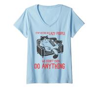 Mujer Stop Hating On Lazy People We Didn'T Do Anything Funny Cat Camiseta Cuello V