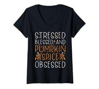 Mujer Stressed Blessed and Pumpkin Spice Obsessed Camiseta Cuello V