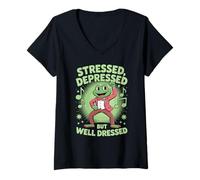 Mujer Stressed Depressed But Well Dressed Funny Frog Adult Humor Camiseta Cuello V