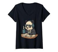 Mujer Stressed Panda with Coffee and Headphones Camiseta Cuello V