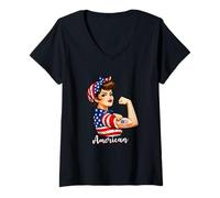 Mujer Strong American Girl Woman America Flag USA 4th of July Camiseta Cuello V