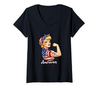 Mujer Strong American Girl Woman America Flag USA 4th of July Camiseta Cuello V