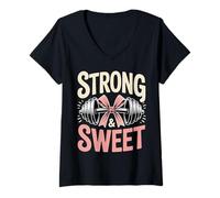 Mujer Strong & Sweet Gym Bow Workout, Coqueta y Divertida Camiseta Cuello V